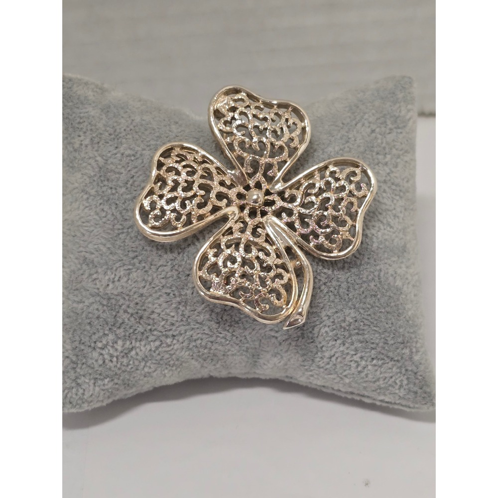 Vintage Sarah Coventry SilverTone Four Leaf Clover Brooch Filigree Openwork Pin